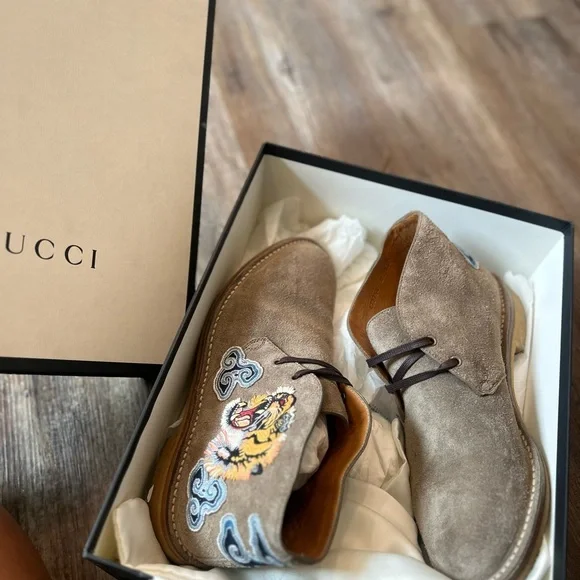 Gucci Taupe Suede Chukka Boots with Tiger Embroidery